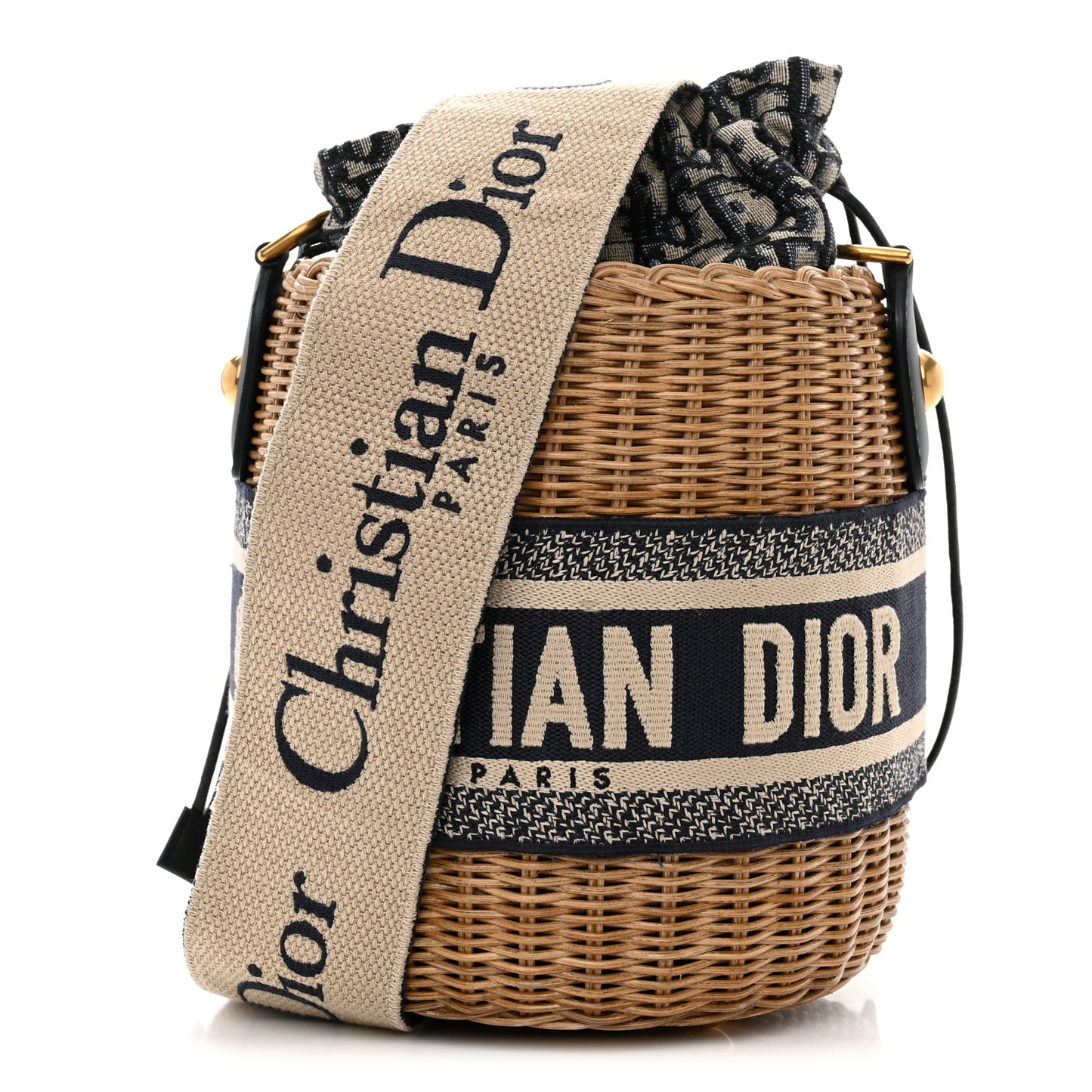 Wicker Oblique Drawstring Bucket Bag Blue