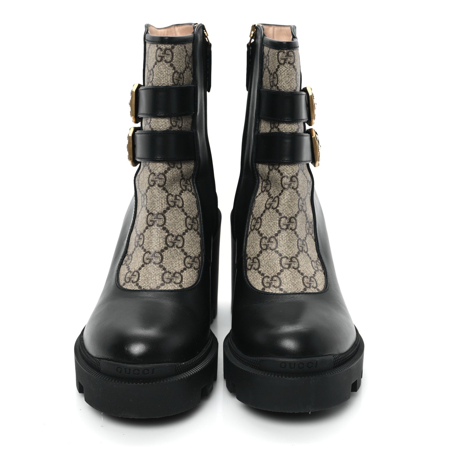 Gucci Kensington Calfskin Nappa GG Supreme Monogram Womens Double Buckle Ankle Boots 41 Black 3 of 11