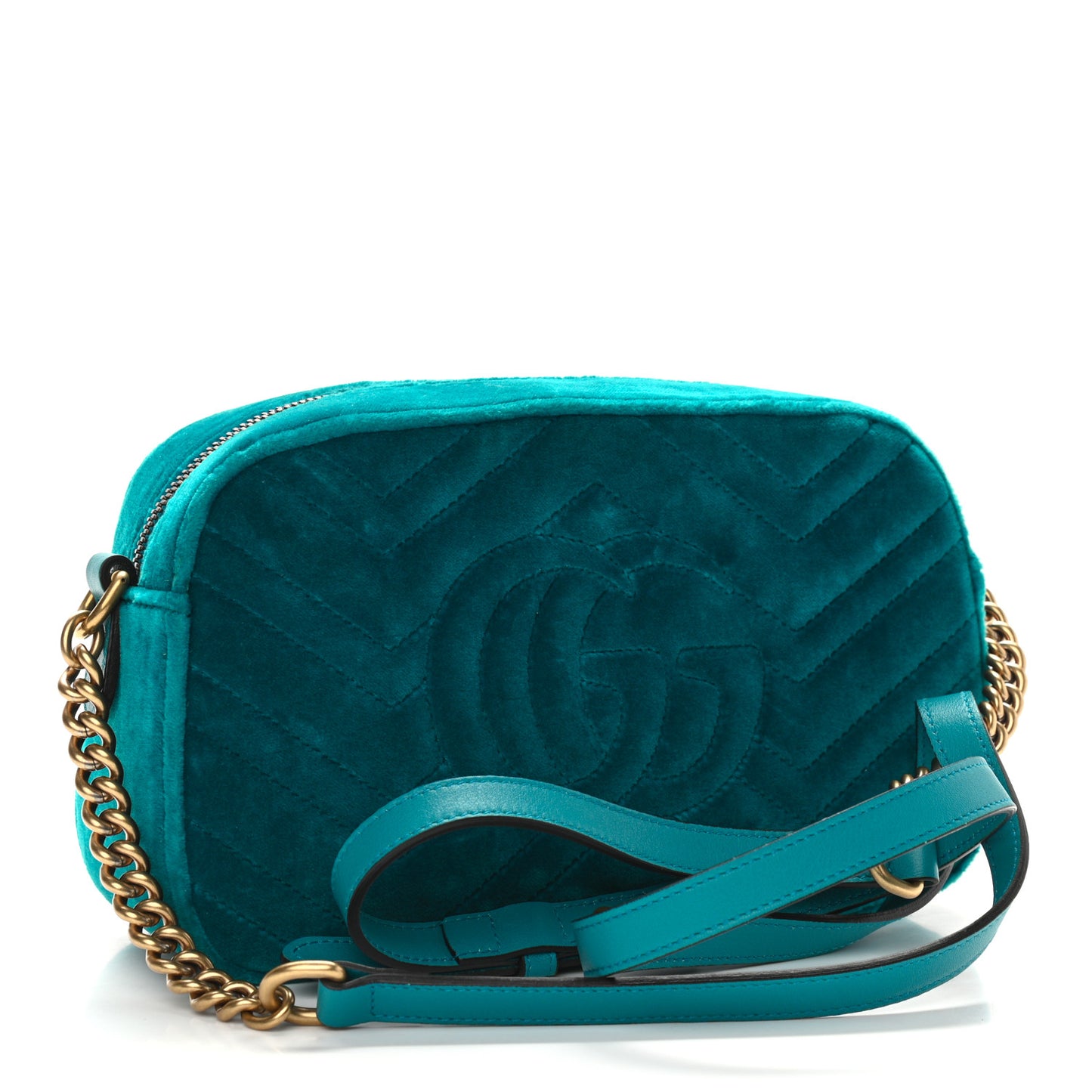 Velvet Matelasse Small GG Marmont Chain Shoulder Bag Pavone Cyan