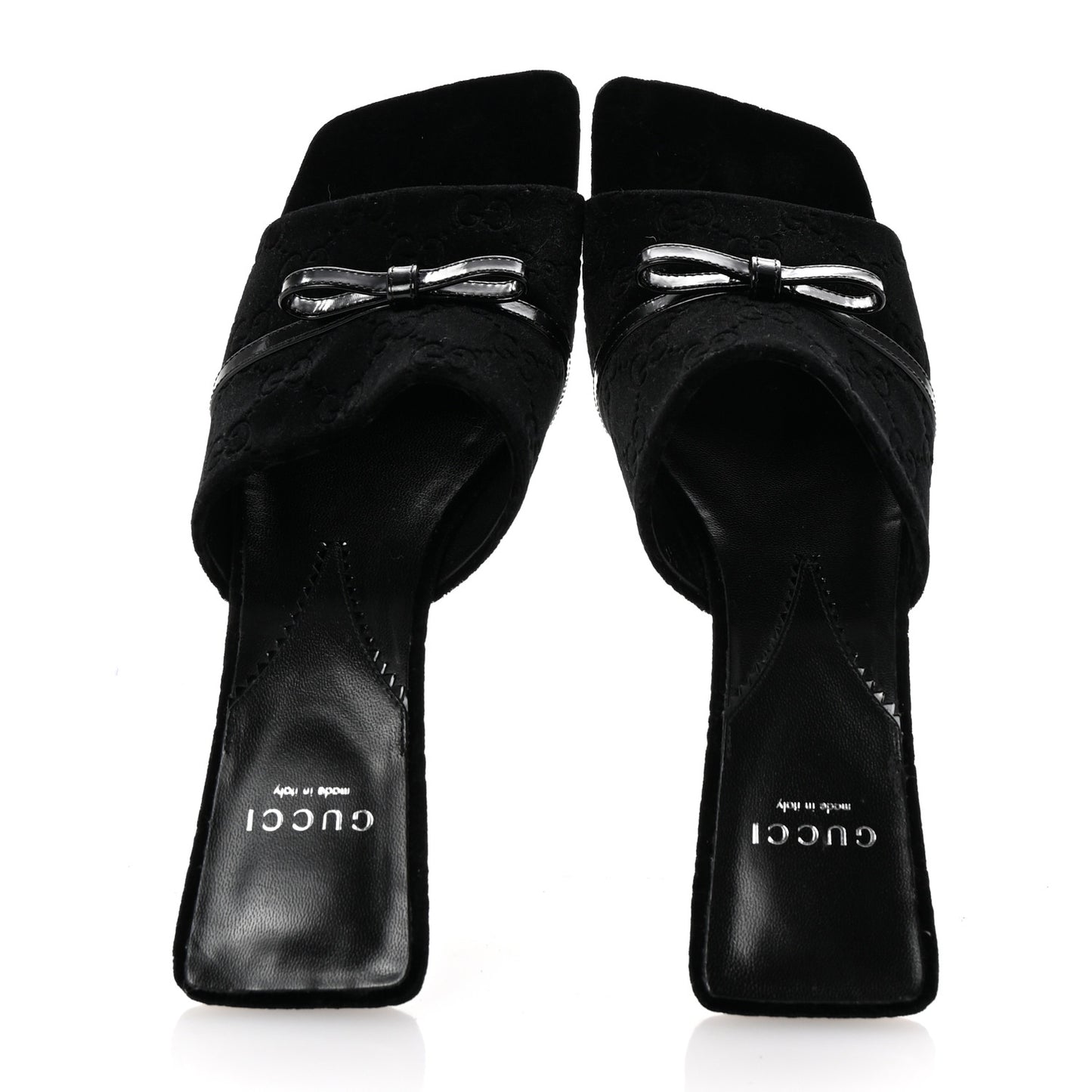 New Velvet Ashmir Regent Calfskin GG Monogram Square Toe Bow 45mm Slide Sandals 39.5 Black