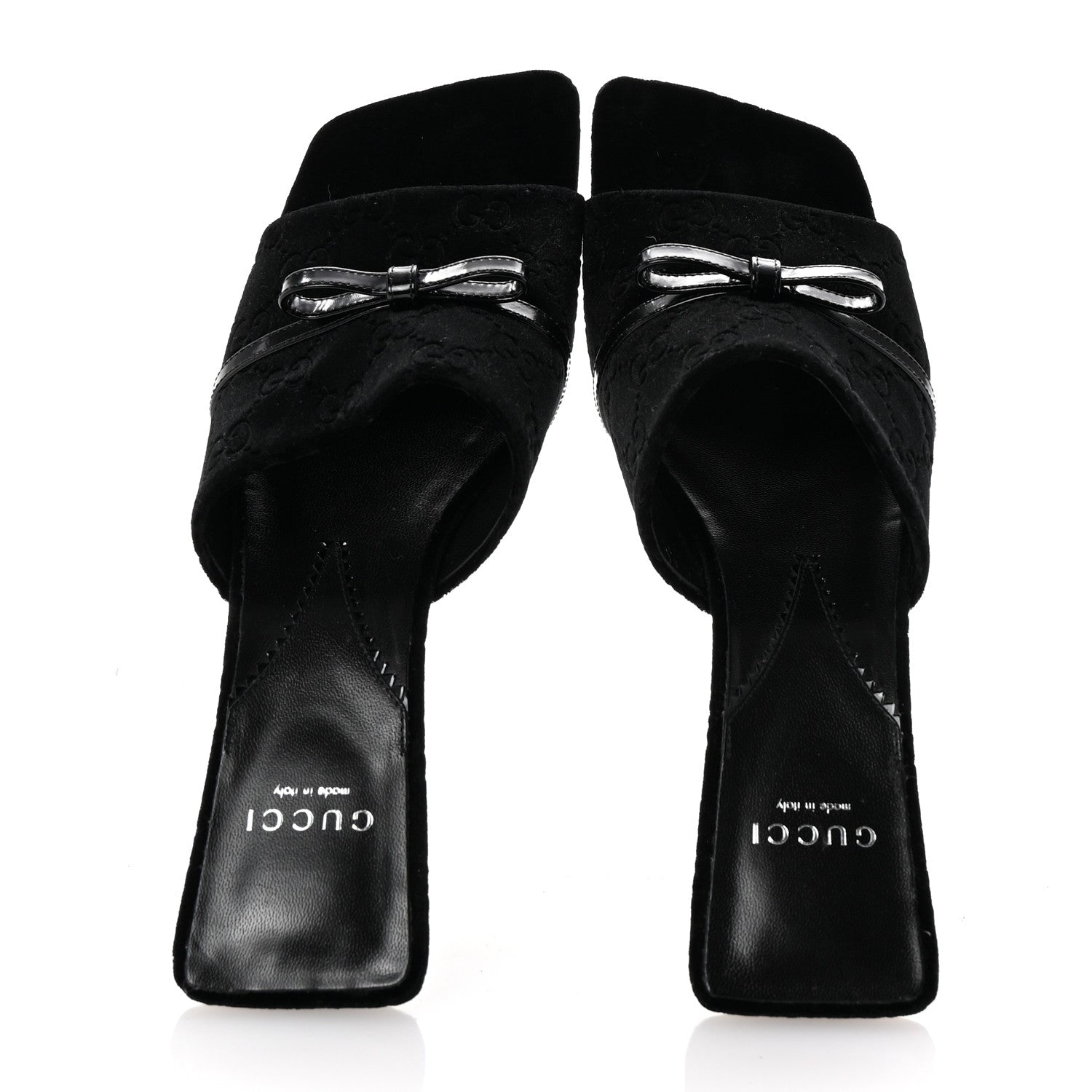 Gucci New Velvet Ashmir Regent Calfskin GG Monogram Square Toe Bow 45mm Slide Sandals 39.5 Black 2 of 10