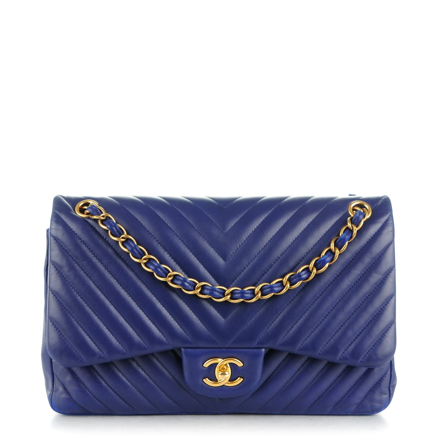 Lambskin Chevron Quilted Jumbo Double Flap Blue