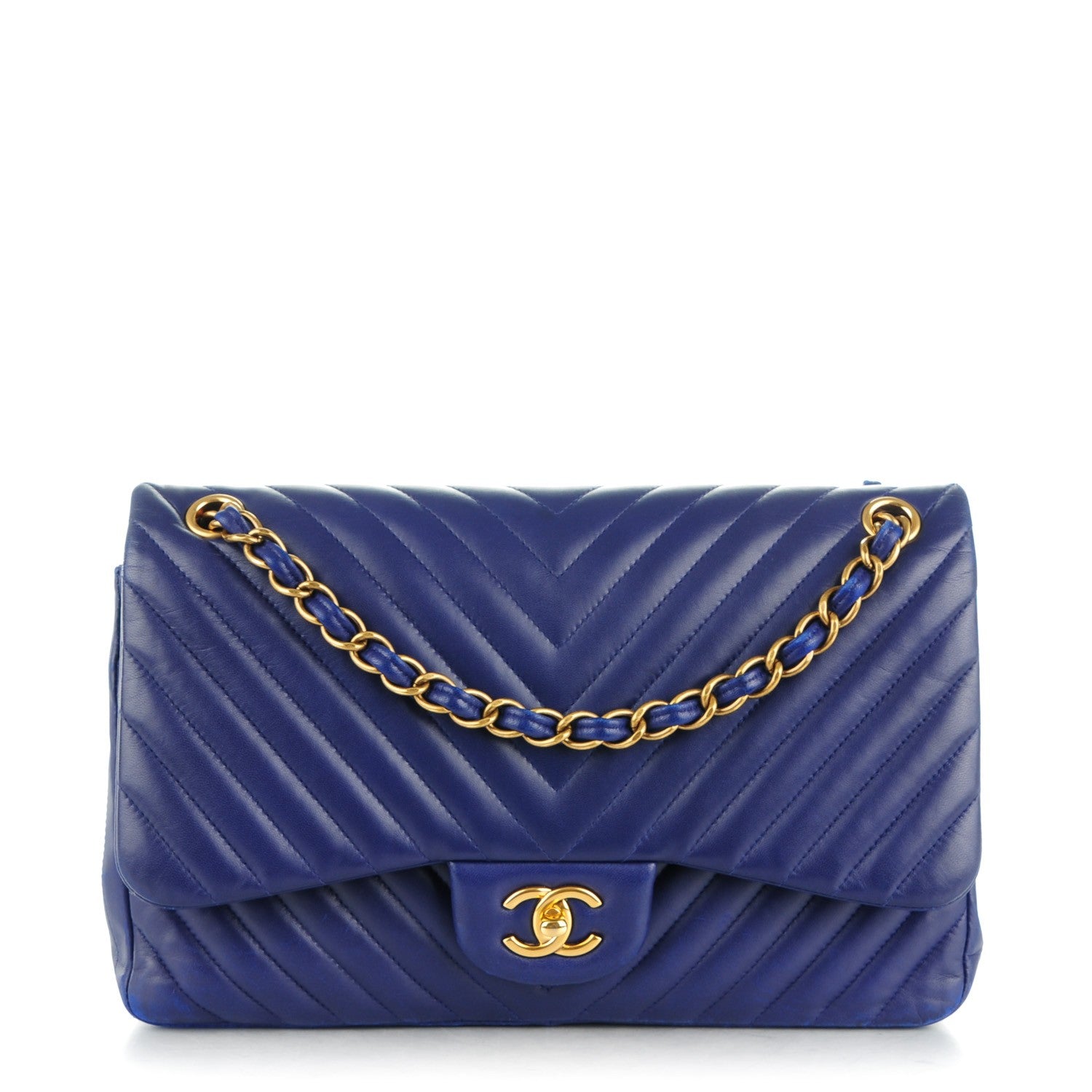 Chanel Lambskin Chevron Quilted Jumbo Double Flap Blue 1 of 11