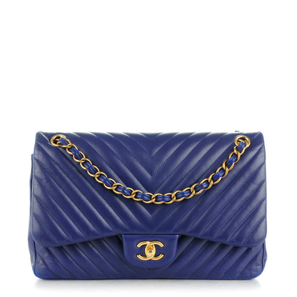 Chanel Lambskin Chevron Quilted Jumbo Double Flap Blue 1 of 11