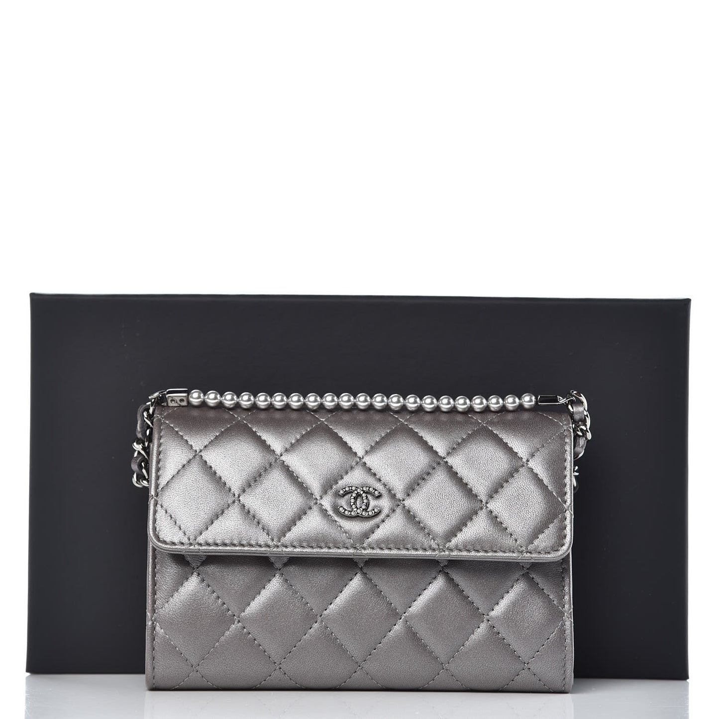 Lambskin Quilted Pearl My Shoulder Mini French Wallet On Chain WOC Silver