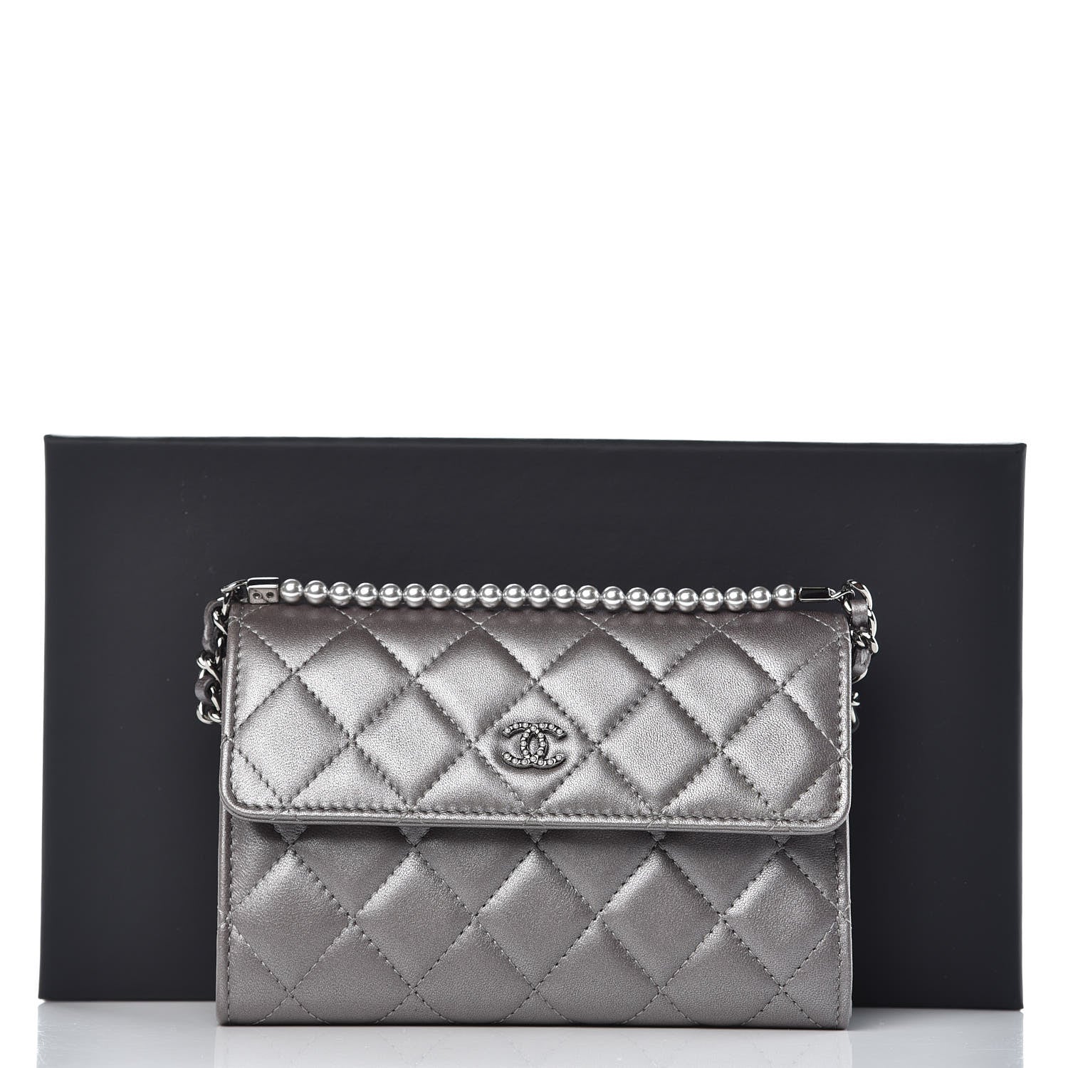Chanel Lambskin Quilted Pearl My Shoulder Mini French Wallet On Chain WOC Silver 9 of 9
