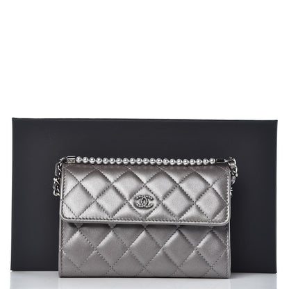 Chanel Lambskin Quilted Pearl My Shoulder Mini French Wallet On Chain WOC Silver 9 of 9