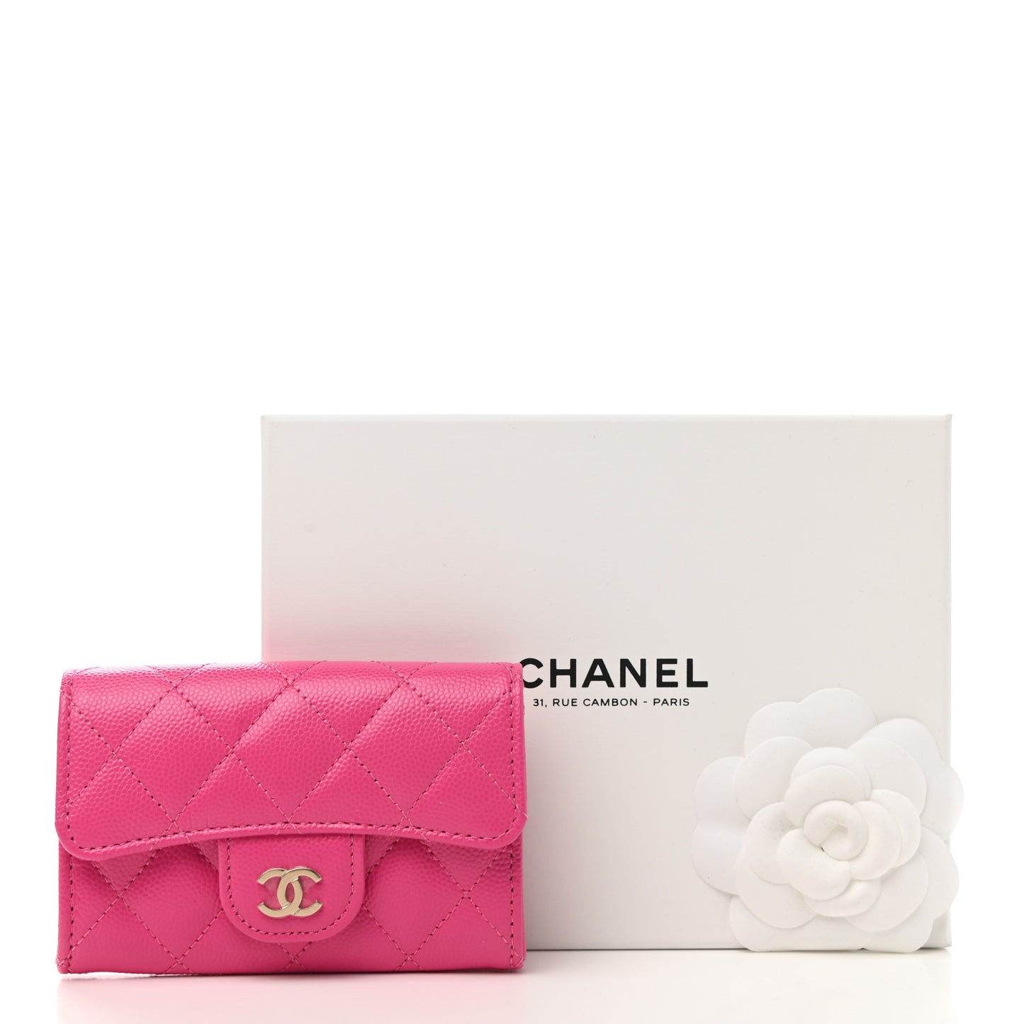 Caviar Quilted Flap Card Holder Wallet Dark Pink
