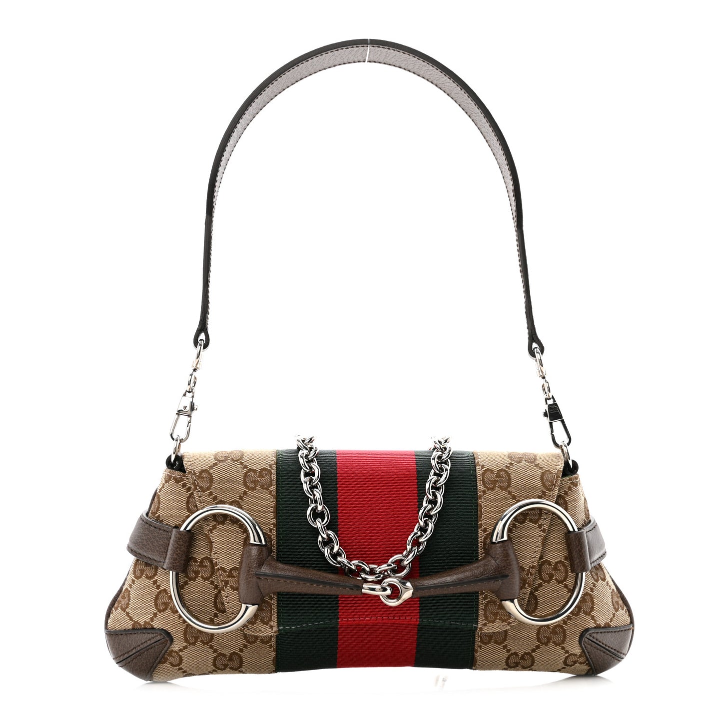 Monogram Textured Dollar Calfskin Heavy Grosgrain Web Small Maxi Horsebit Chain Shoulder Bag Beige Ebony New Acero