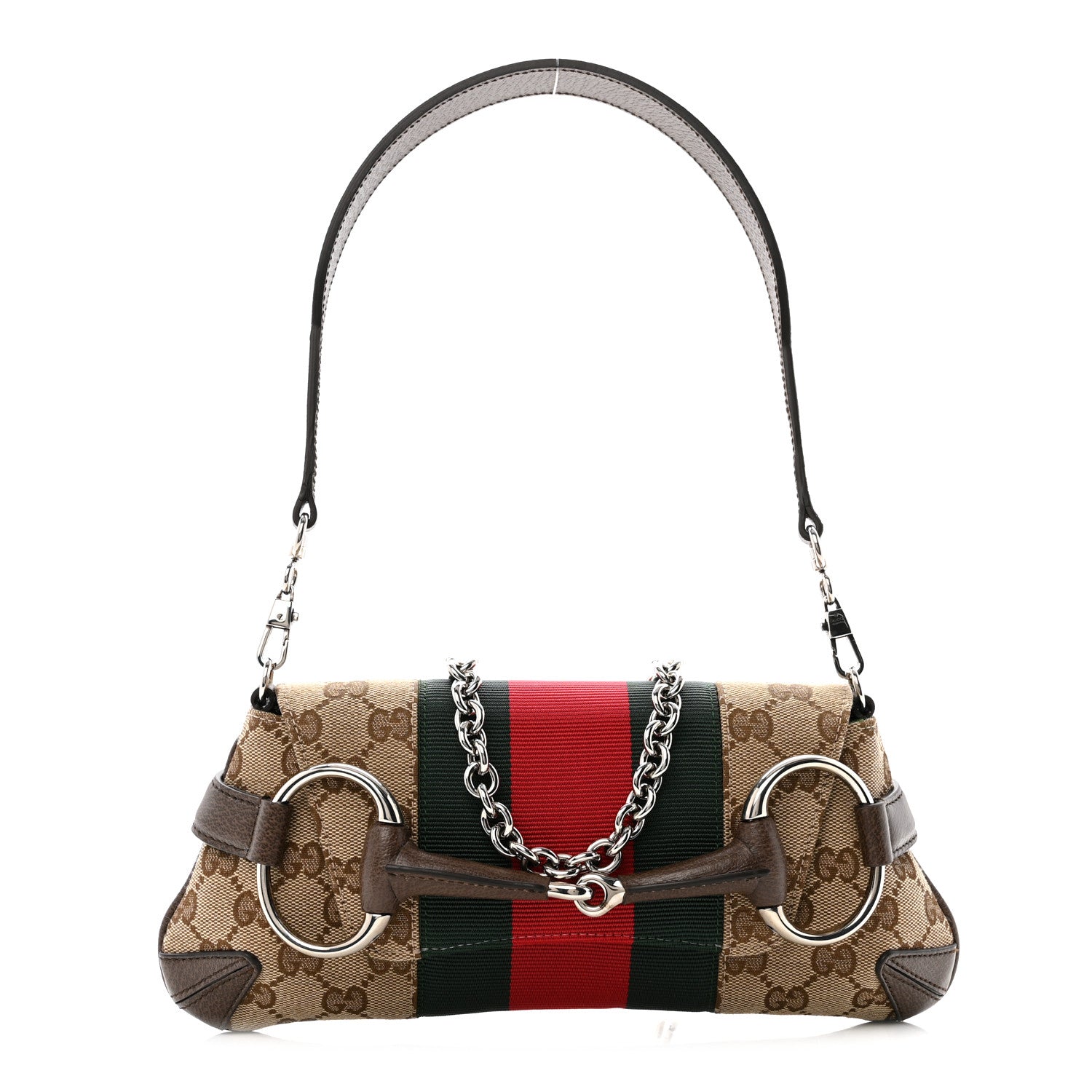 Gucci Monogram Textured Dollar Calfskin Heavy Grosgrain Web Small Maxi Horsebit Chain Shoulder Bag Beige Ebony New Acero 1 of 14