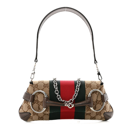 Gucci Monogram Textured Dollar Calfskin Heavy Grosgrain Web Small Maxi Horsebit Chain Shoulder Bag Beige Ebony New Acero 1 of 14