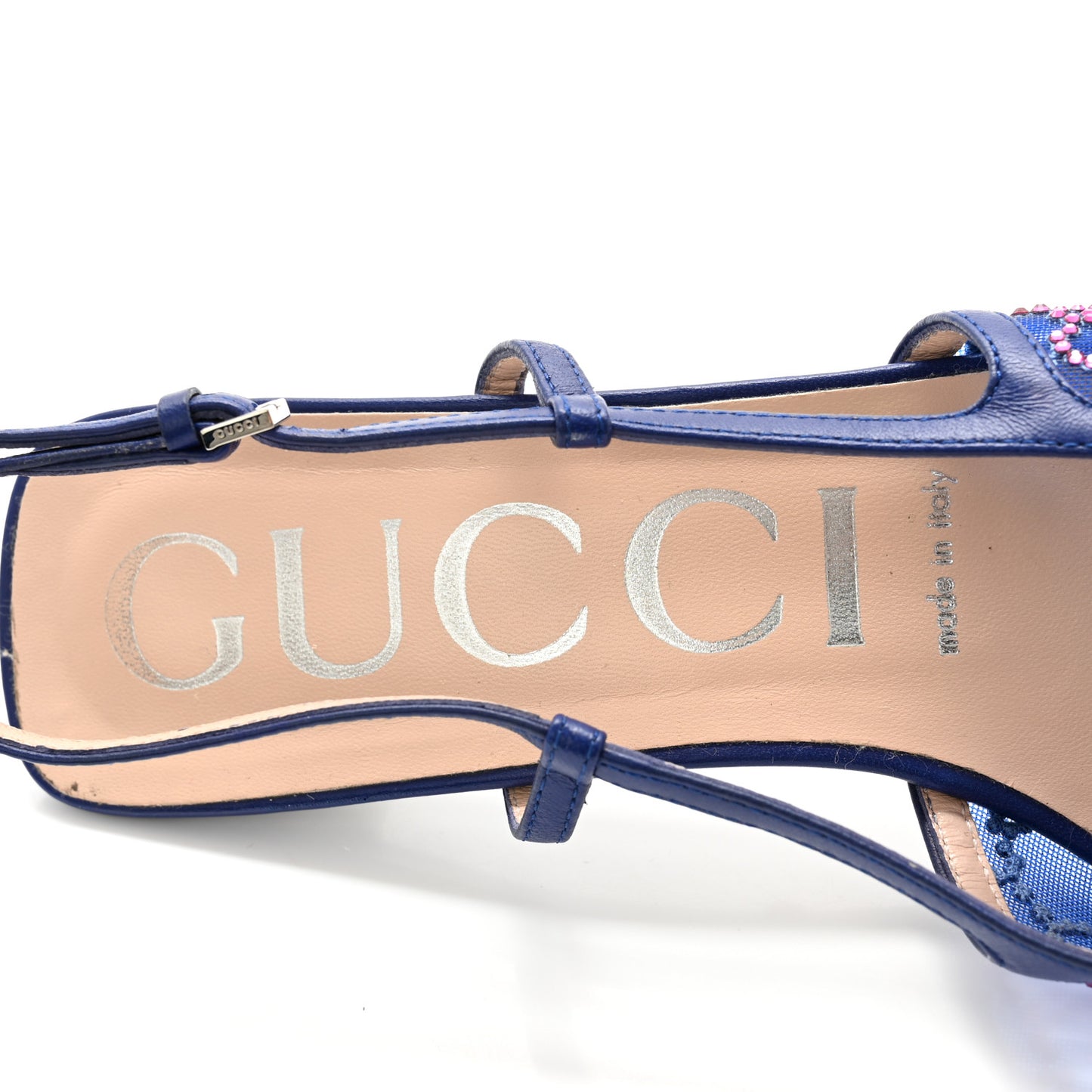 Tela Retino Nappa Charlotte Crystal GG Monogram Square G 35mm Slingback Pumps 38 Splash Net Blue Witch