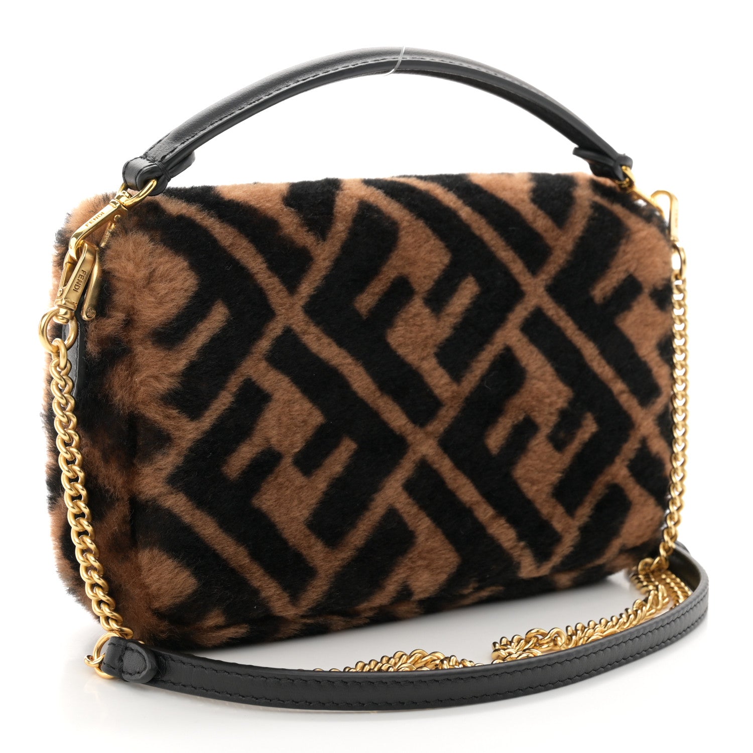 Fendi Shearling Vitello Dolce Macro FF 1974 Mini Baguette Tobacco Black 3 of 11