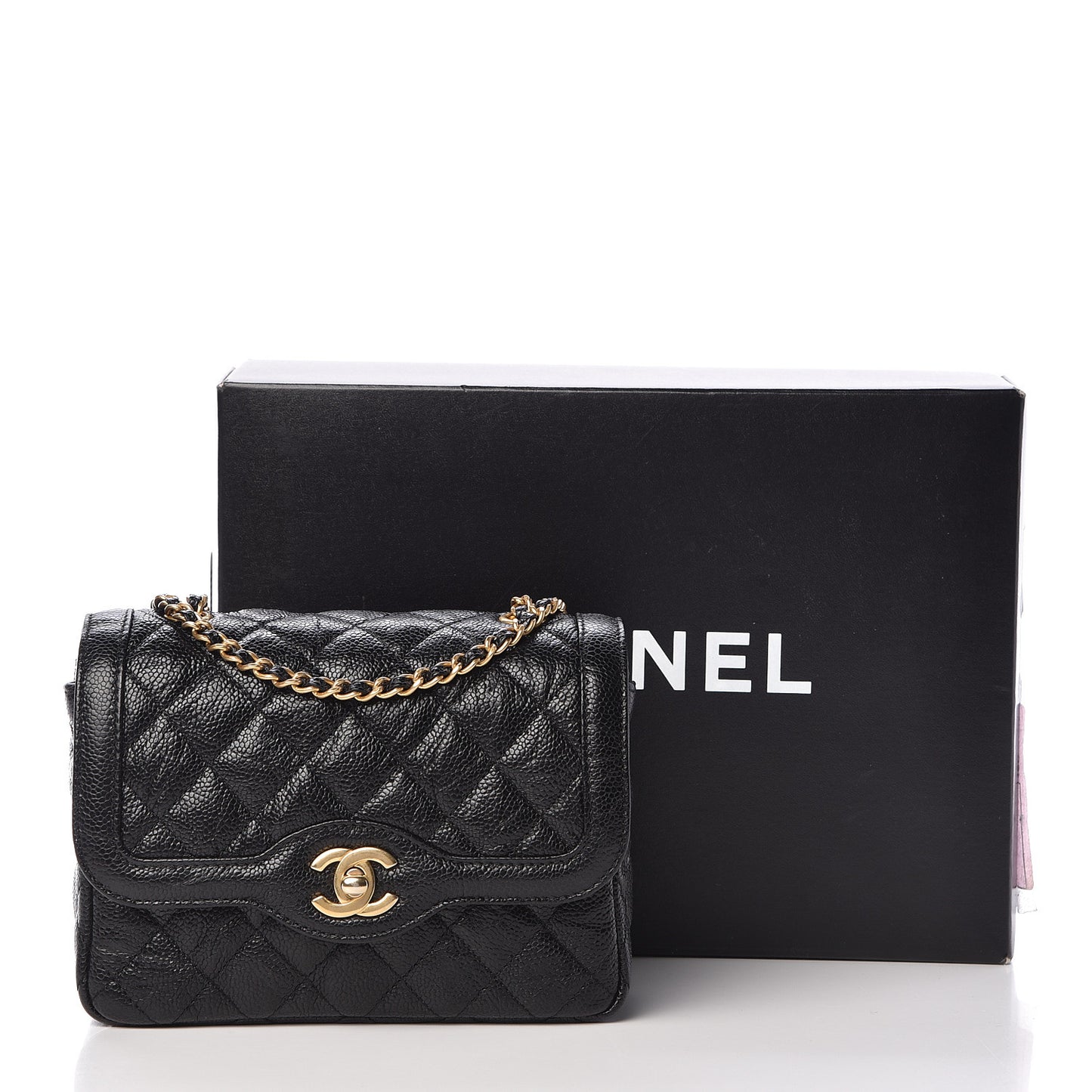 Crumpled Grained Calfskin Quilted Mini Two Tone Flap Black