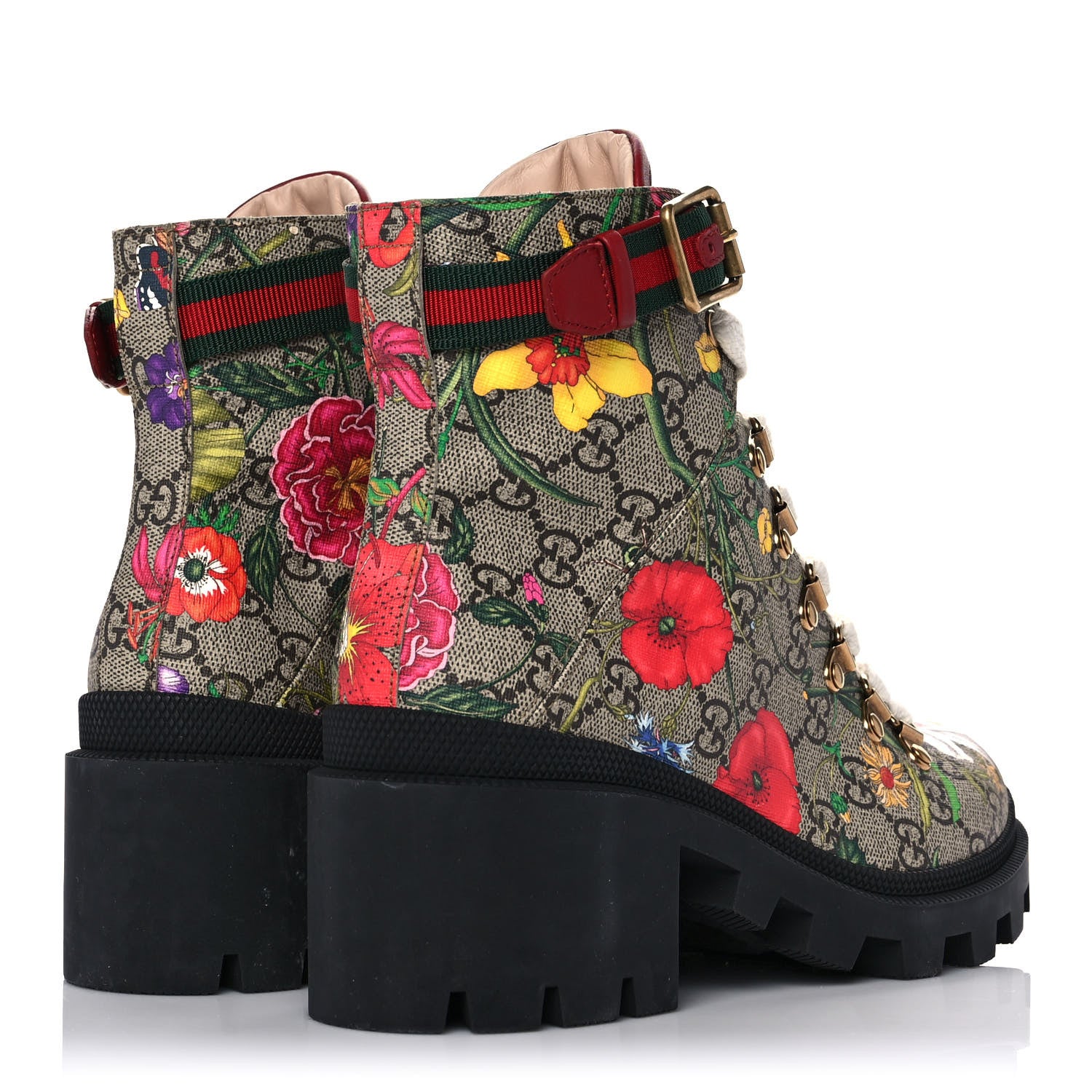 Gucci GG Supreme Monogram Flora Lace Up Combat Ankle Boots 37.5 Beige Multicolor Red 4 of 8