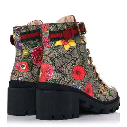 Gucci GG Supreme Monogram Flora Lace Up Combat Ankle Boots 37.5 Beige Multicolor Red 4 of 8