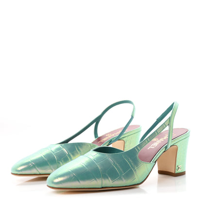 Chanel Iridecent Calfskin Crocodile Embossed CC Cap Toe CC Slingback Pumps 41 Green 4 of 10