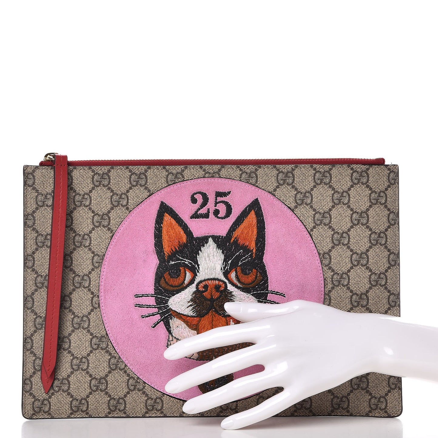 GG Supreme Monogram Bosco Patch Zip Pouch Beige Malva Hibiscus Red