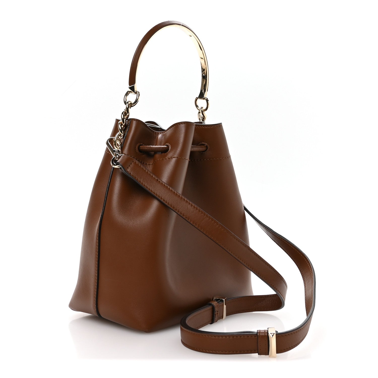 Jimmy Choo Smooth Shiny Calfskin Bon Bon Bucket Bag Dark Tan 3 of 10