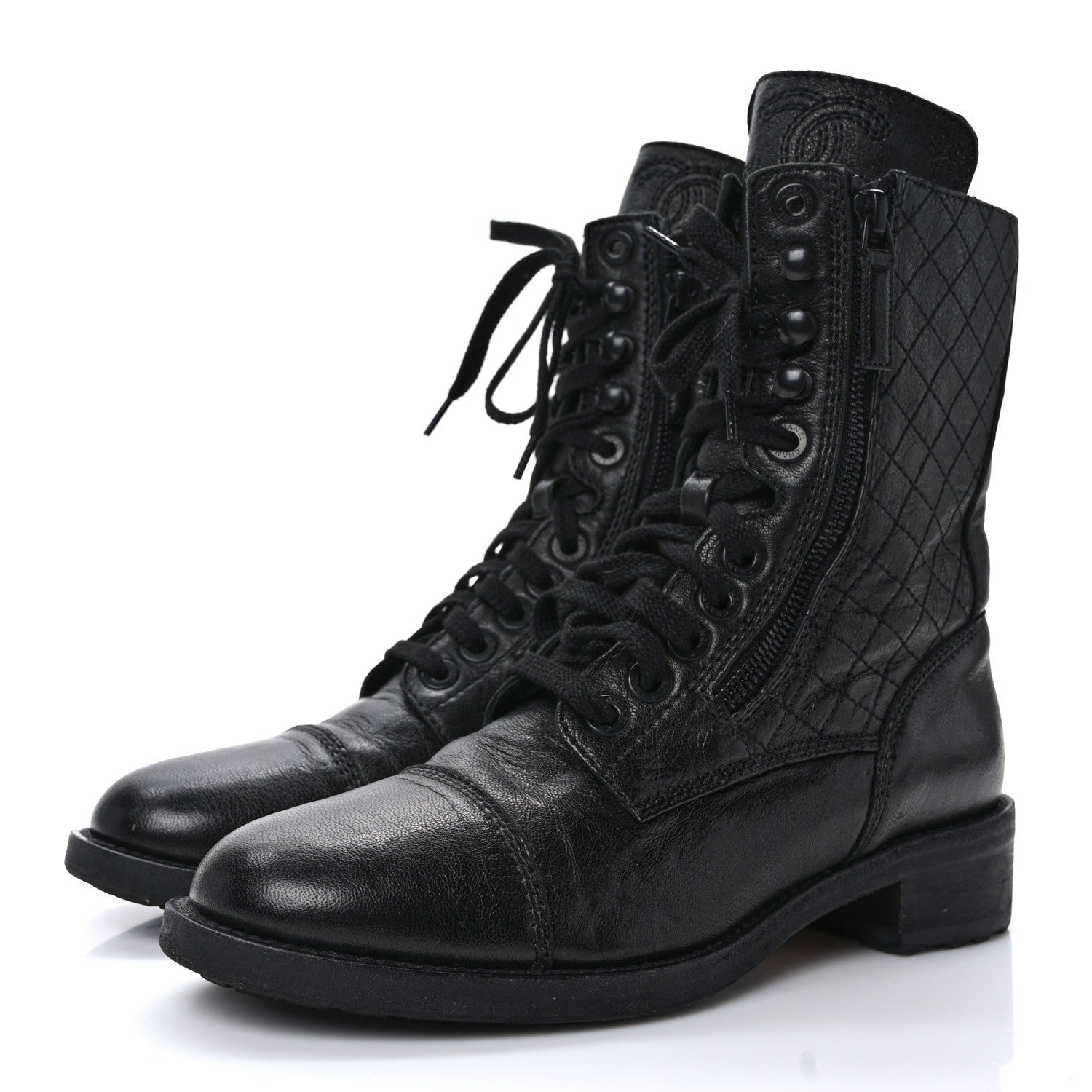 Chanel Calfskin Quilted Lace Up Combat Boots 38.5 Black 3 of 8