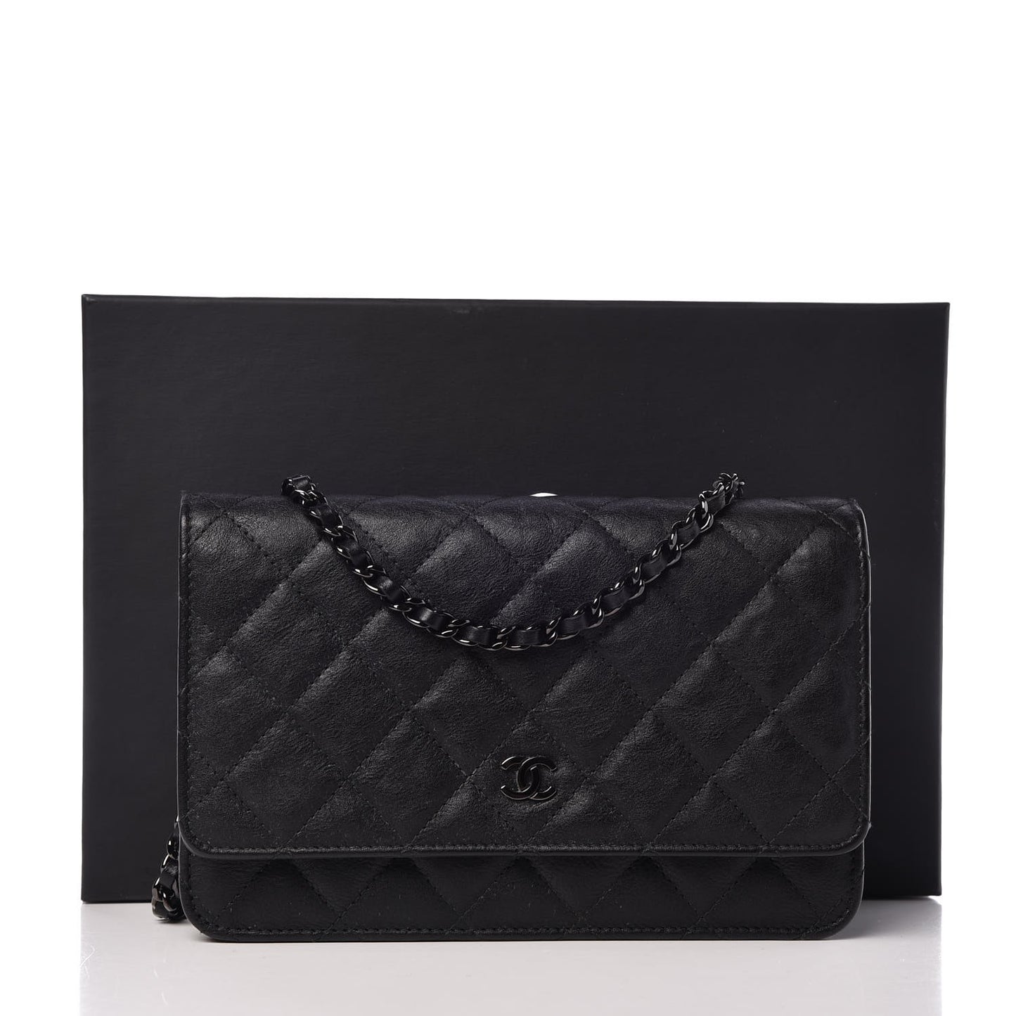 Crumpled Calfskin Quilted Wallet On Chain WOC So Black