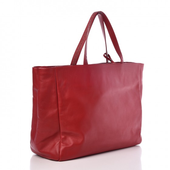 Calfskin Suede Stud Reversible Shopper Tote Red