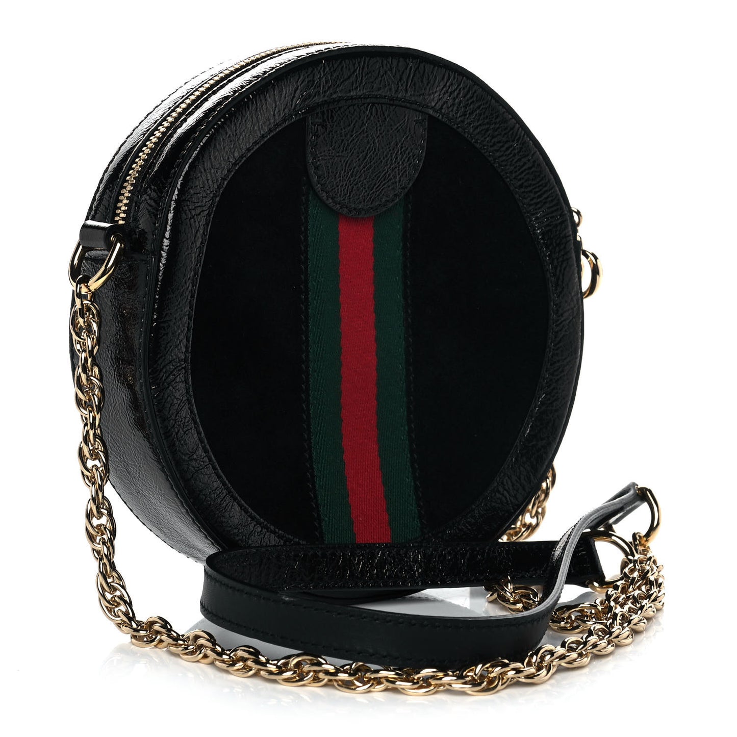 Suede Patent Web Mini Ophidia Round Shoulder Bag Black