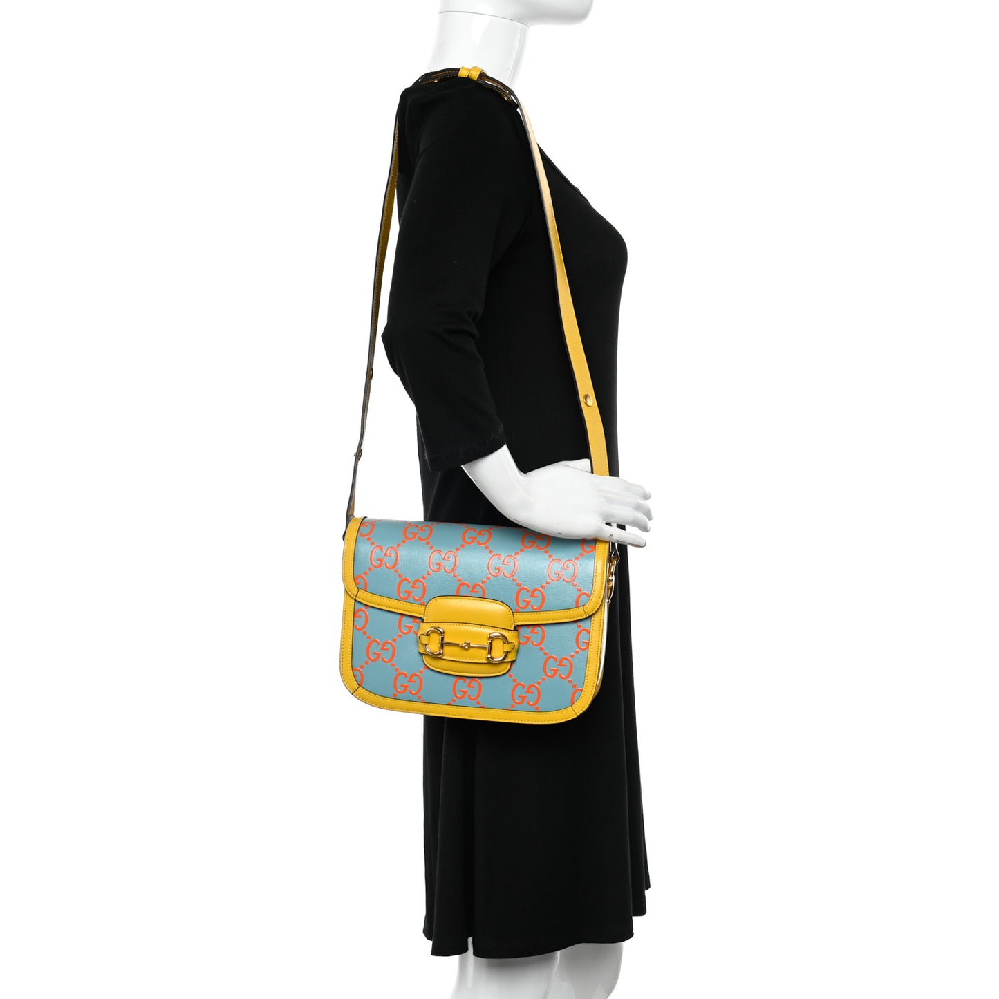 Azalea Calfskin GG Monogram Bi-Color Debossed Horsebit 1955 Shoulder Bag Dusty Azure Stone Topaz Deep Orange