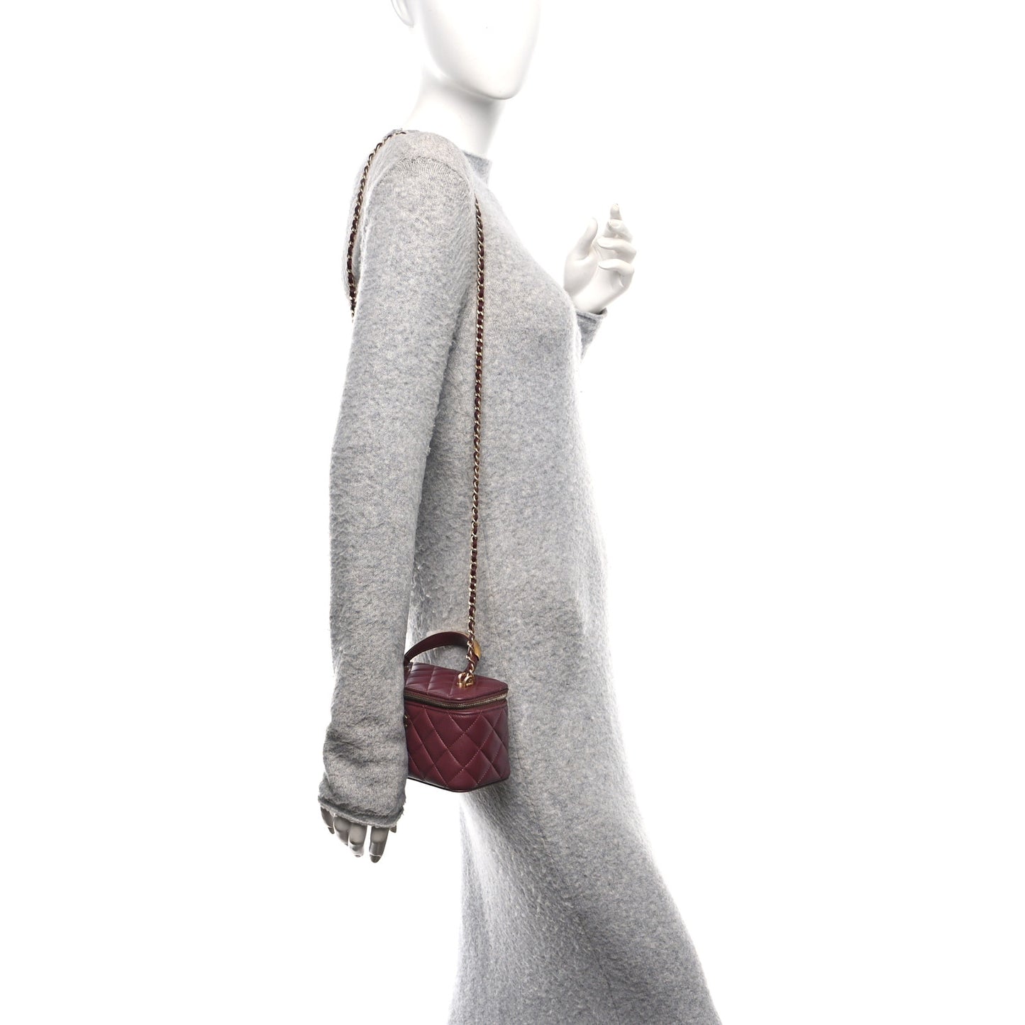 Lambskin Quilted Metal Small Top Handle Vanity Case With Chain Burgundy