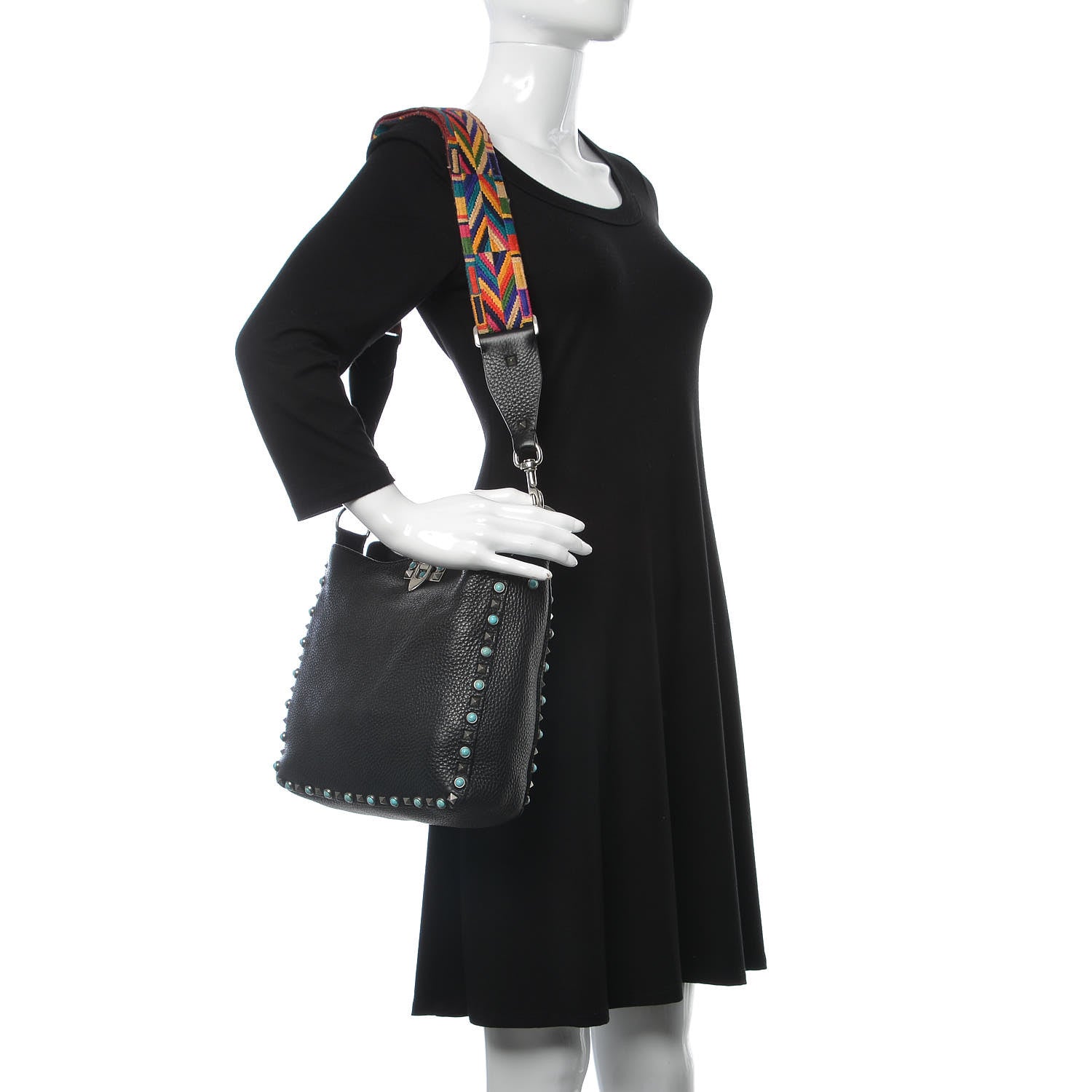 Valentino Garavani Pebbled Calfskin Tribal Small Guitar Strap Rockstud Rolling Flip-Lock Messenger Bag Black 2 of 13