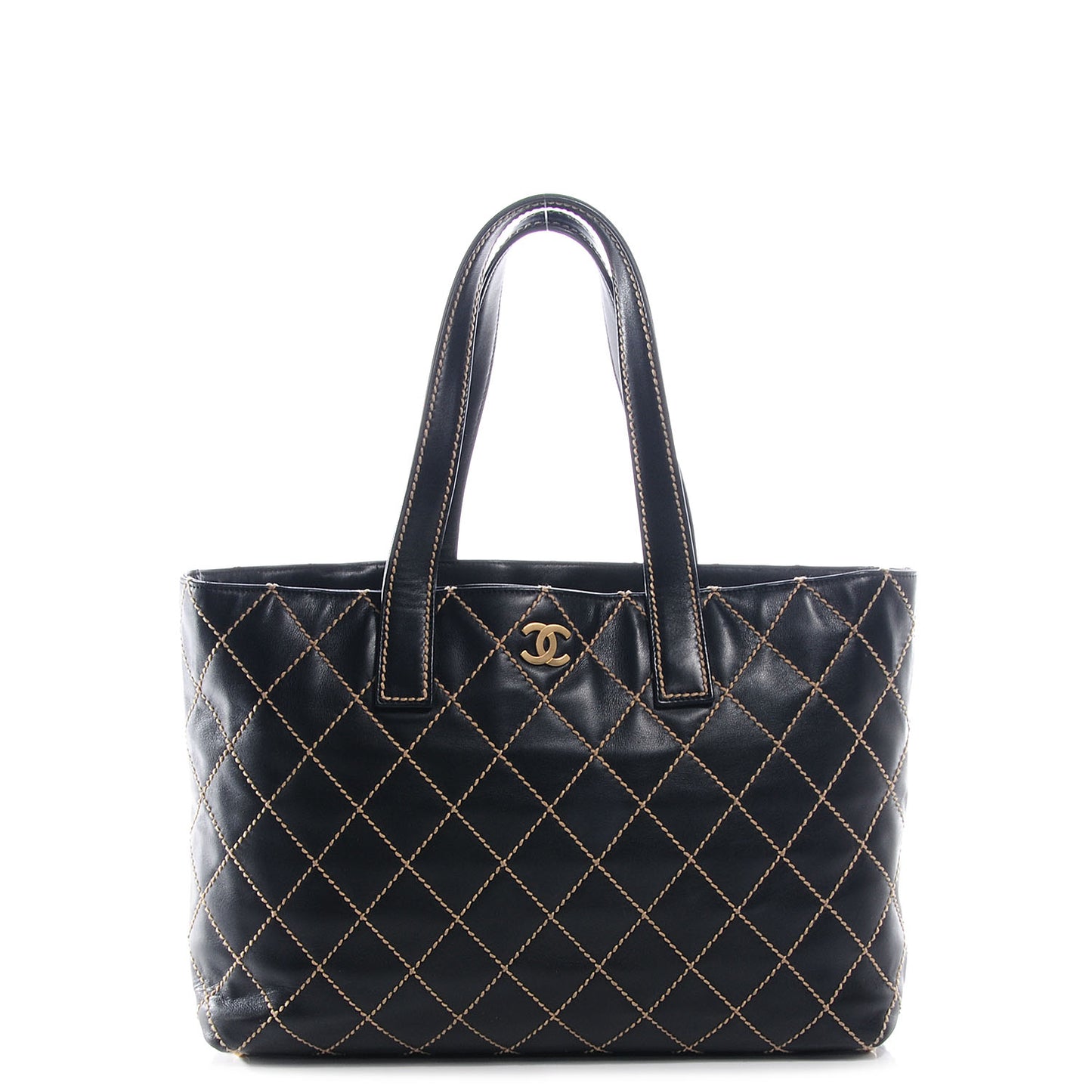 Leather Contrast Stitch Surpique Shopping Tote Black