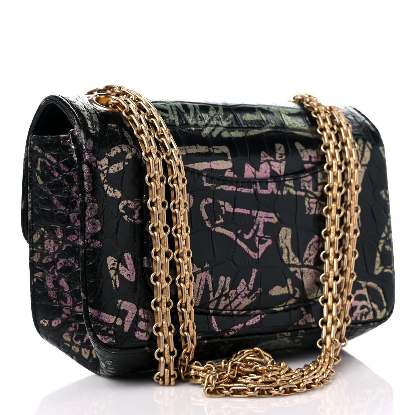 Calfskin Crocodile Embossed Graffiti 2.55 Mini Cocodile Reissue Flap Black Pink