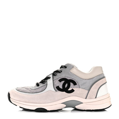 Chanel Nylon Calfskin Suede Womens CC Sneakers 39.5 Grey White Pink 1 of 32