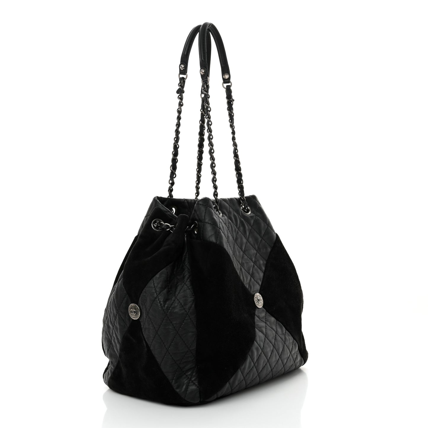 Goatskin Suede Calfskin Quilted Patchwork Drawstring Bag Black