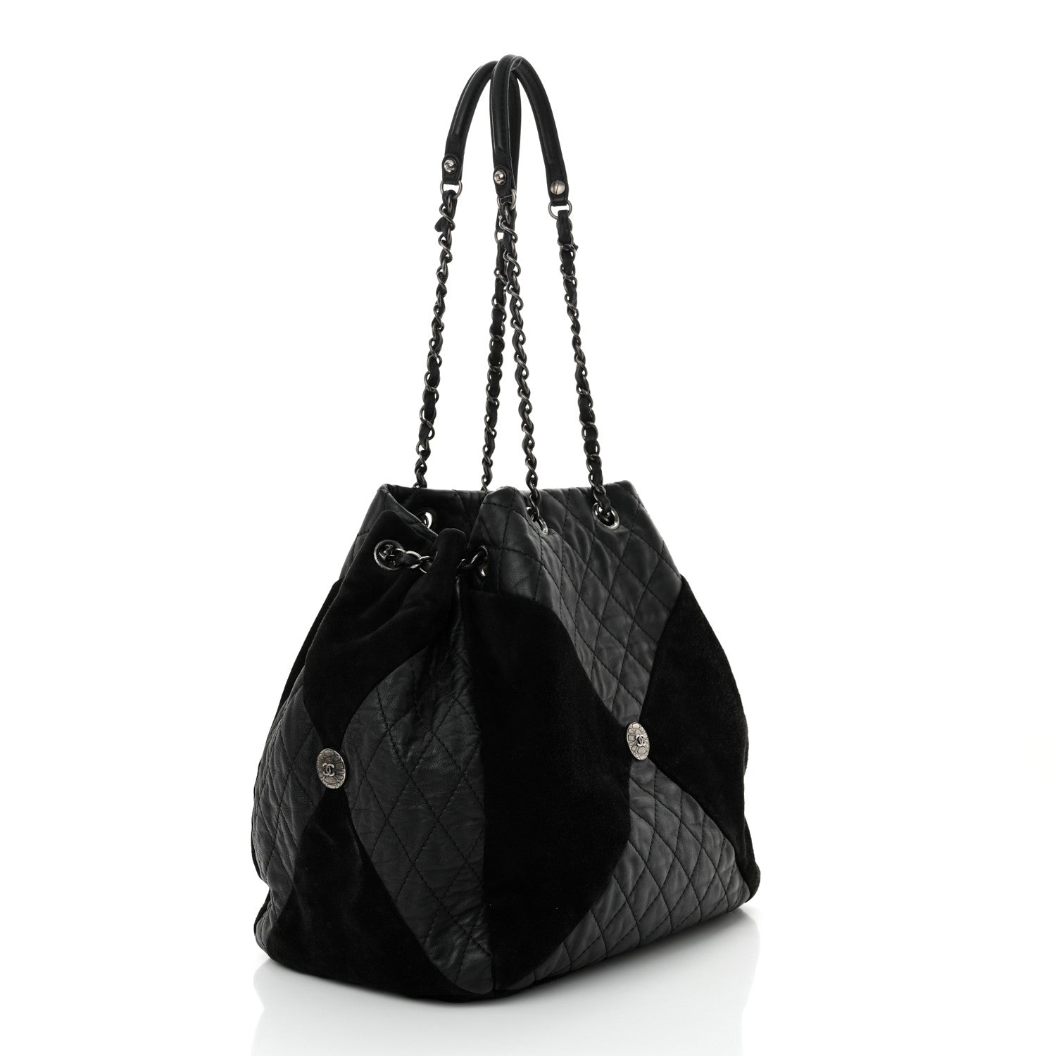Chanel Goatskin Suede Calfskin Quilted Patchwork Drawstring Bag Black 3 of 11