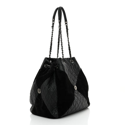 Chanel Goatskin Suede Calfskin Quilted Patchwork Drawstring Bag Black 3 of 11