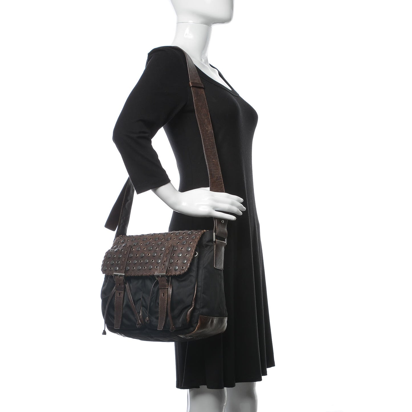 Tessuto Nylon Calfskin Studded Shoulder Bag Bruciato