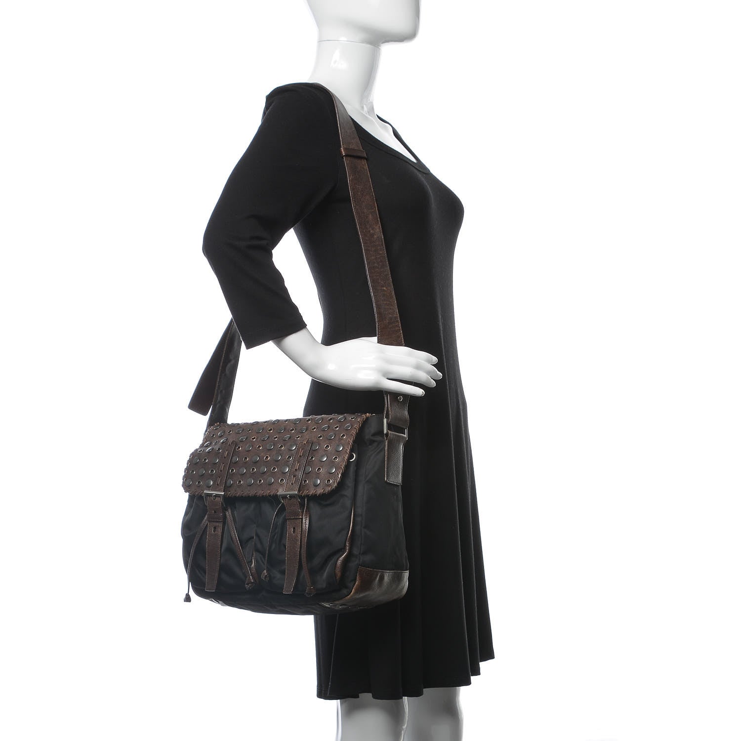 Prada Tessuto Nylon Calfskin Studded Shoulder Bag Bruciato 2 of 12