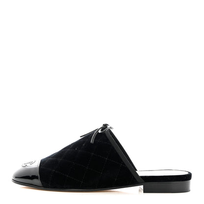 Chanel Velvet Patent Quilted Cap Toe Womens CC Mules 36.5 Black 1 of 11