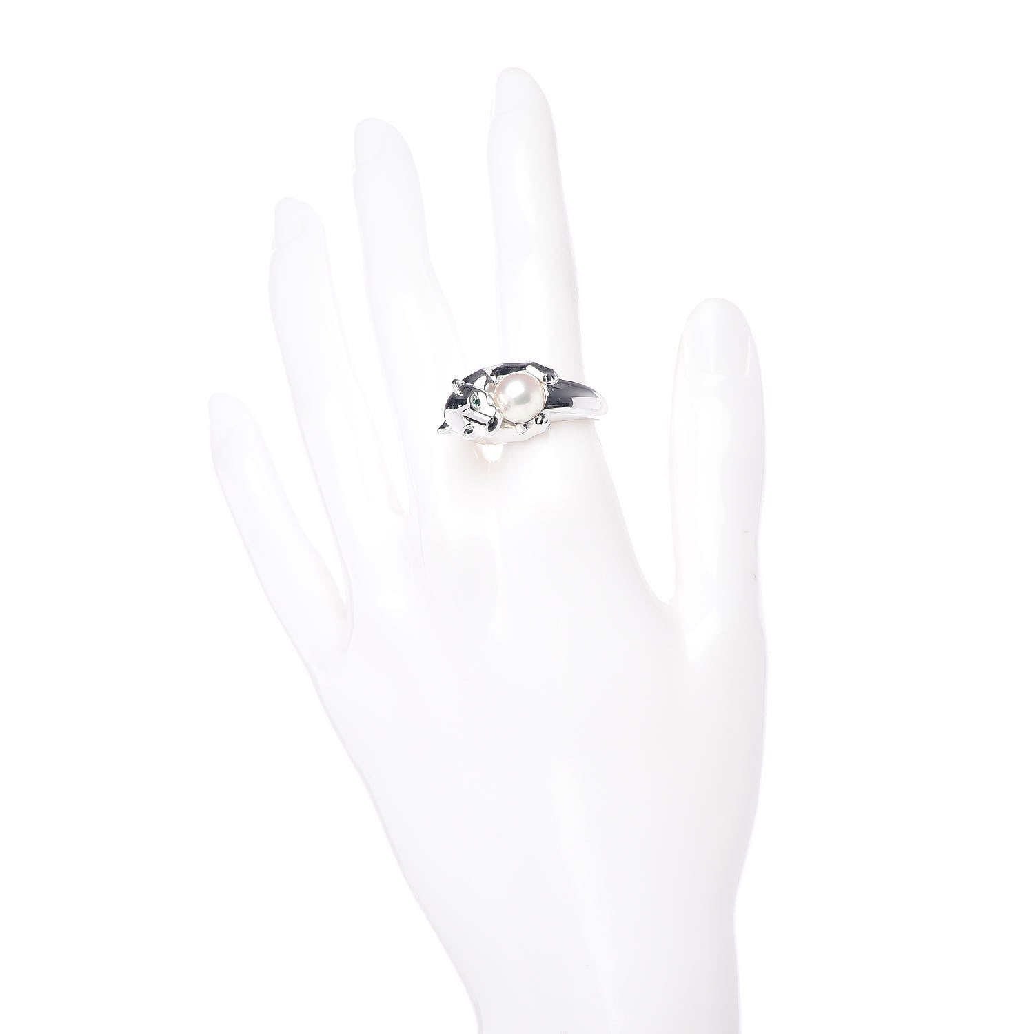 Cartier 18K White Gold Pearl Black Onyx Emerald Panthere De Ring 52 6 2 of 5