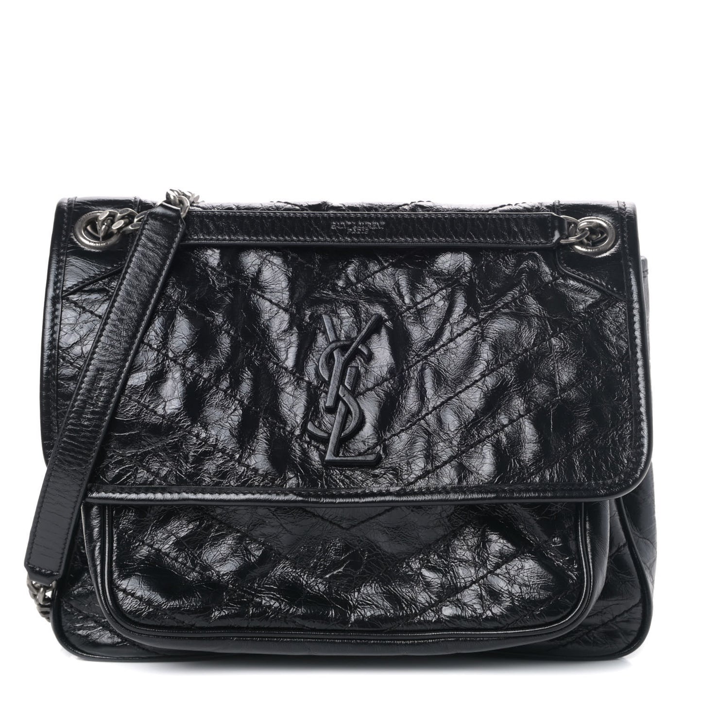 Crinkled Calfskin Matelasse Monogram Medium Niki Chain Satchel Black