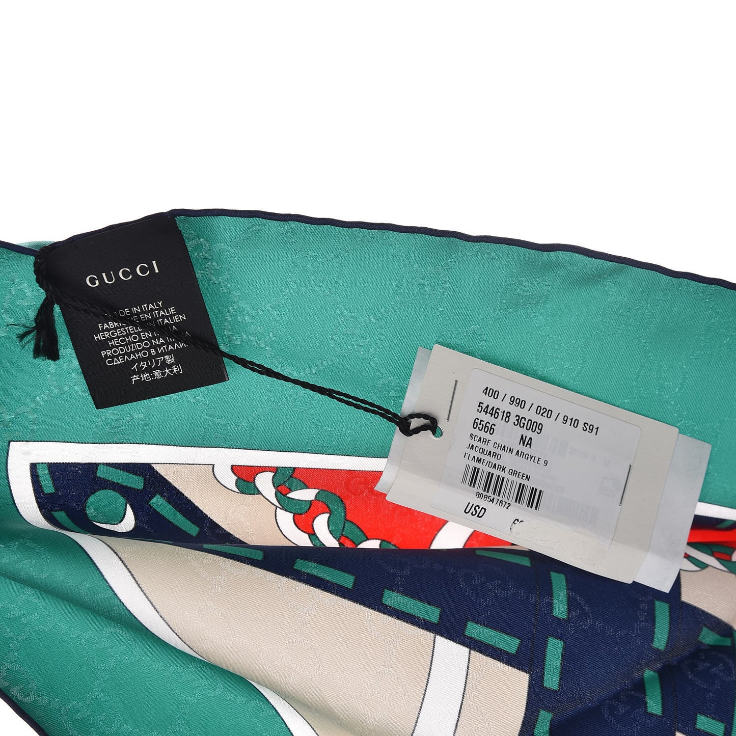 Silk Chain Argyle Square Scarf Emerald Red