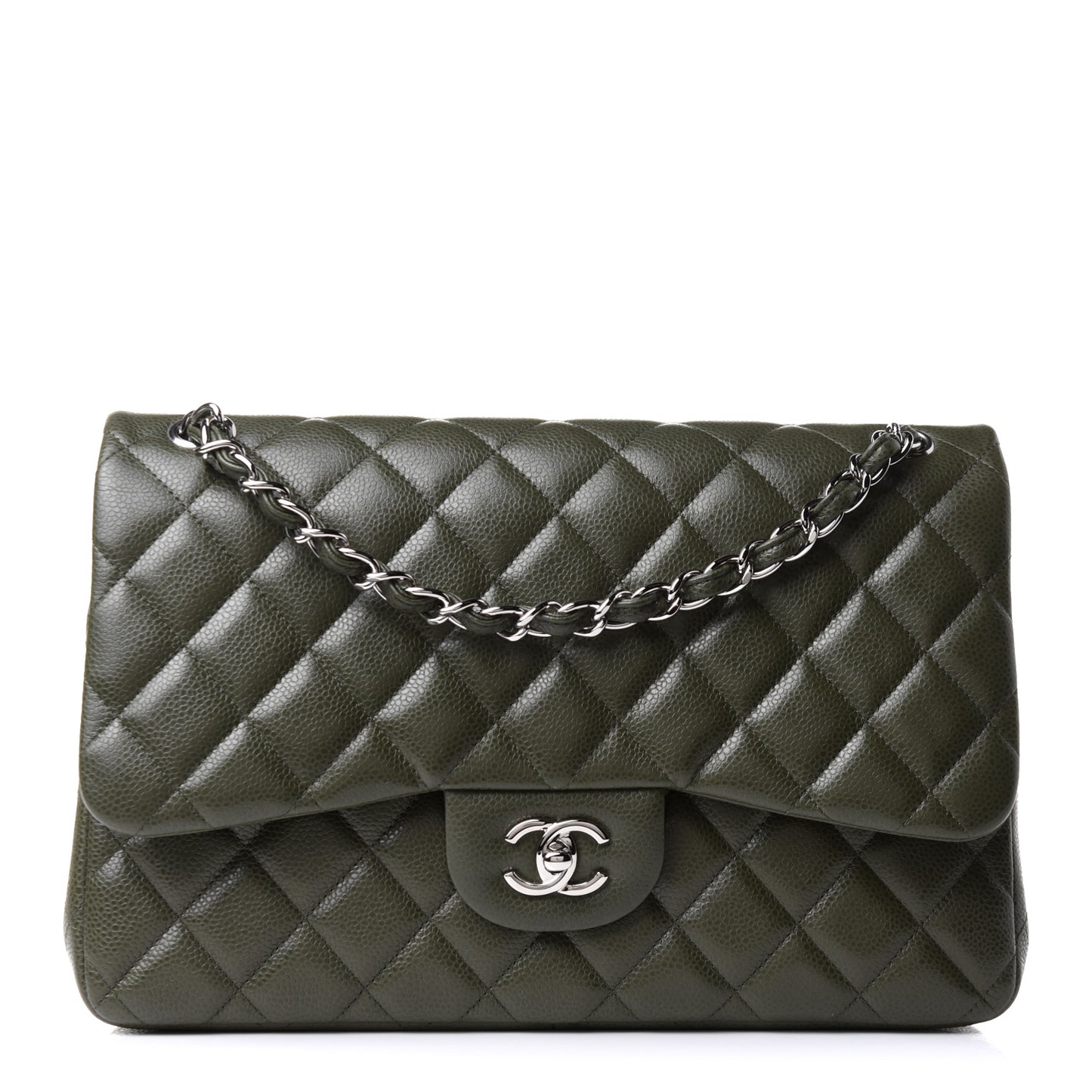Caviar Quilted Jumbo Double Flap Dark Green