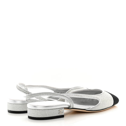 Chanel Glitter Calfskin Grosgrain CC Slingback Flats 37 Black Silver 4 of 9