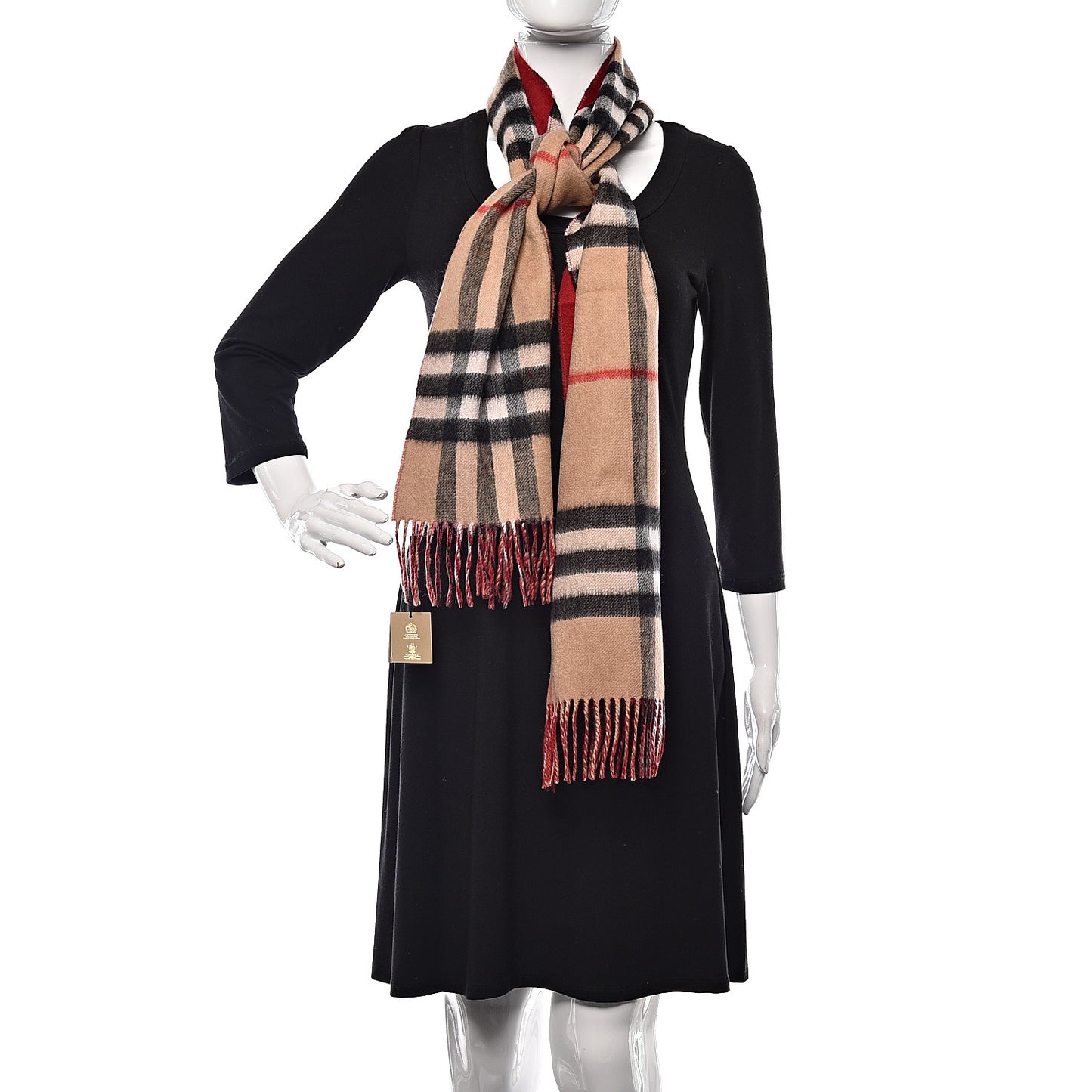 Cashmere Giant Check Fringe Scarf Camel Parade Red