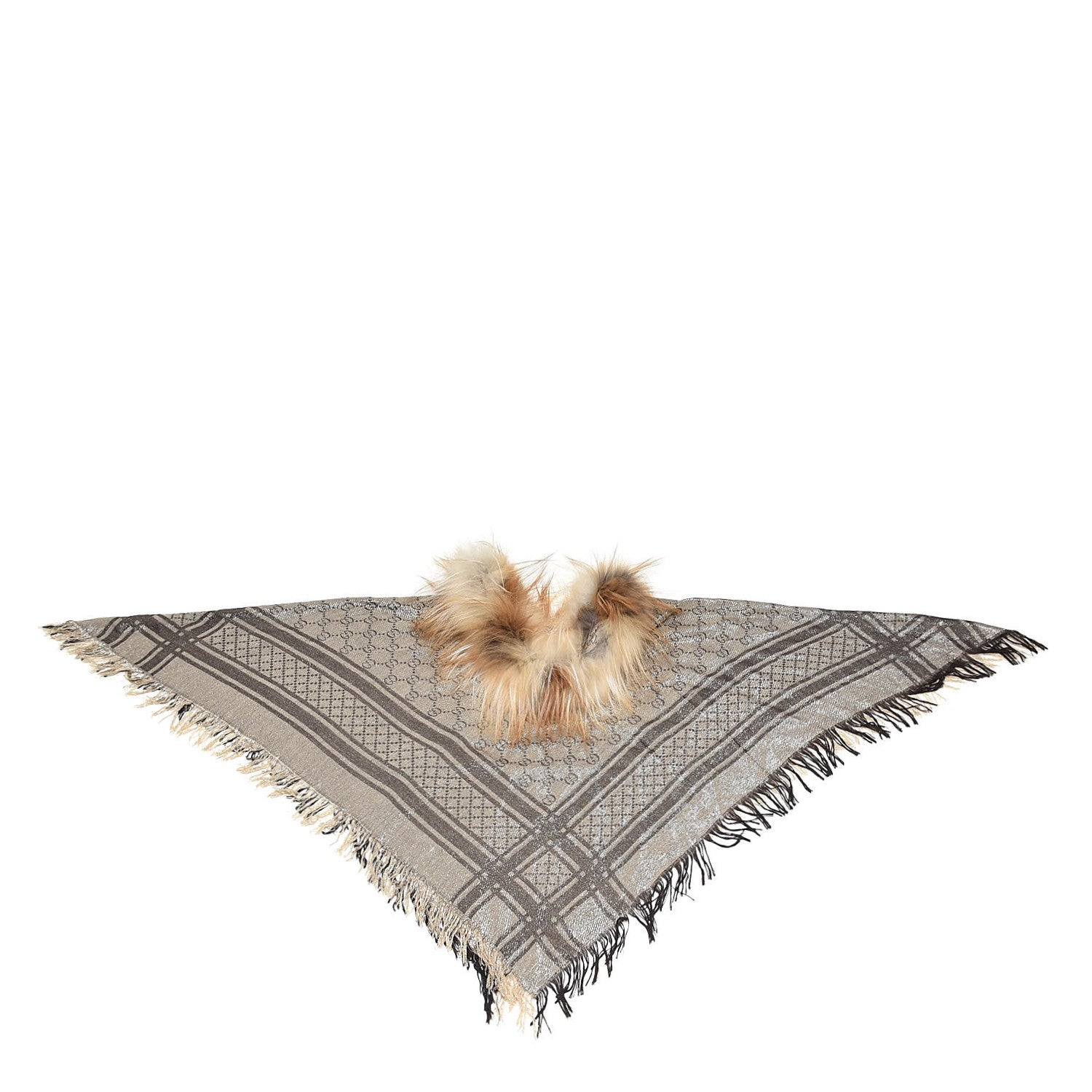 Gucci Wool Shiny Silk Fox Fur Monogram Shawl Scarf 1 of 3