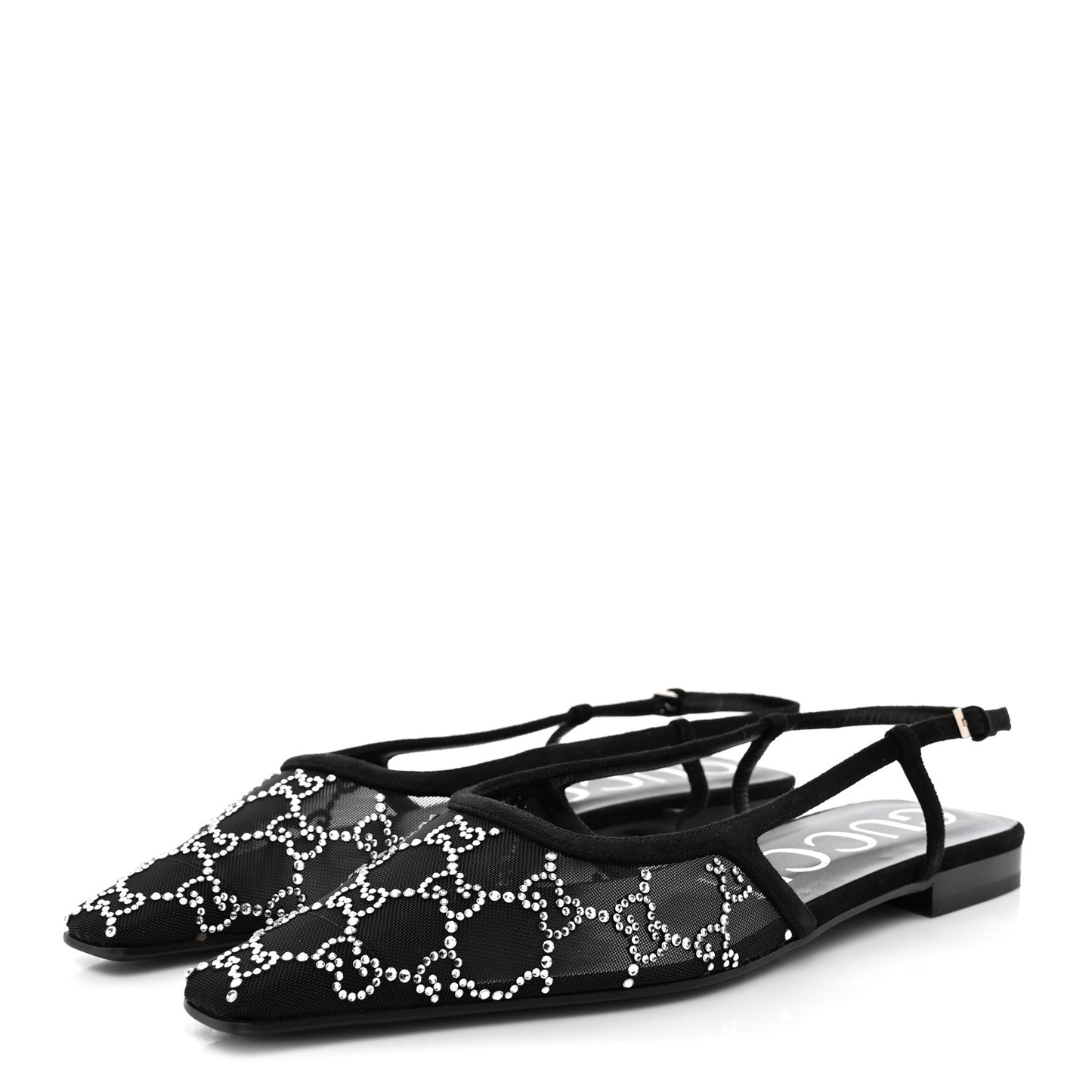Tela Retino Kid Scamosciato Crystal GG Monogram Square Demi Ballet Flats  39.5 Black