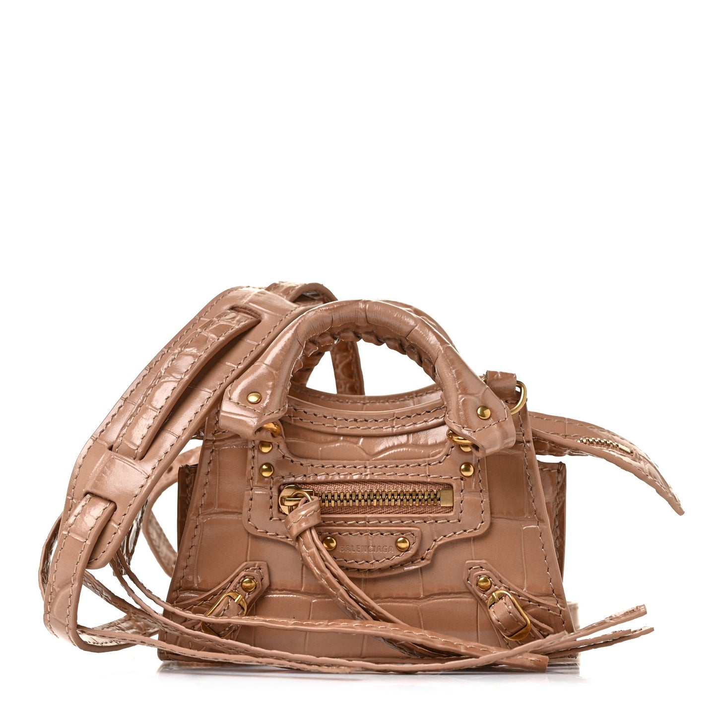 Shiny Supple Calfskin Crocodile Embossed Neo Classic Gold Hardware Super Nano City Crossbody Nude Beige