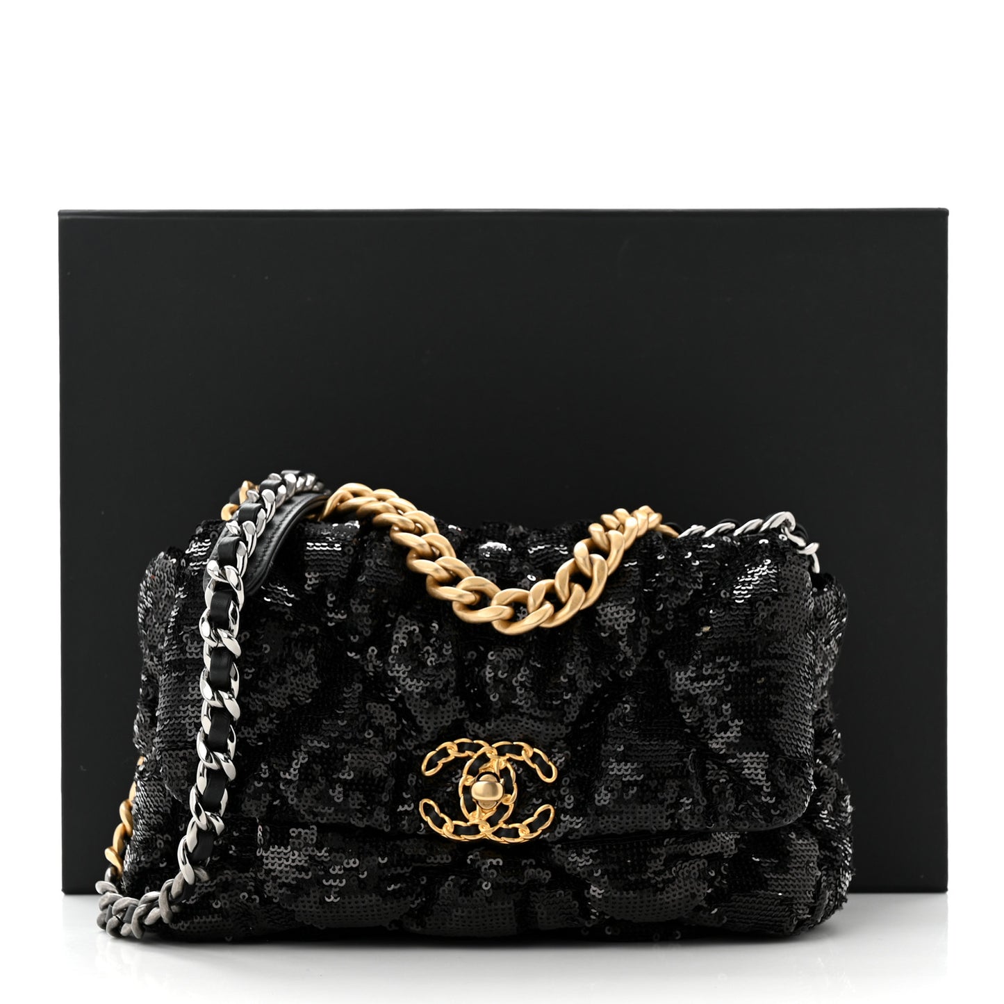 Sequin Quilted Medium Chanel 19 Flap Black