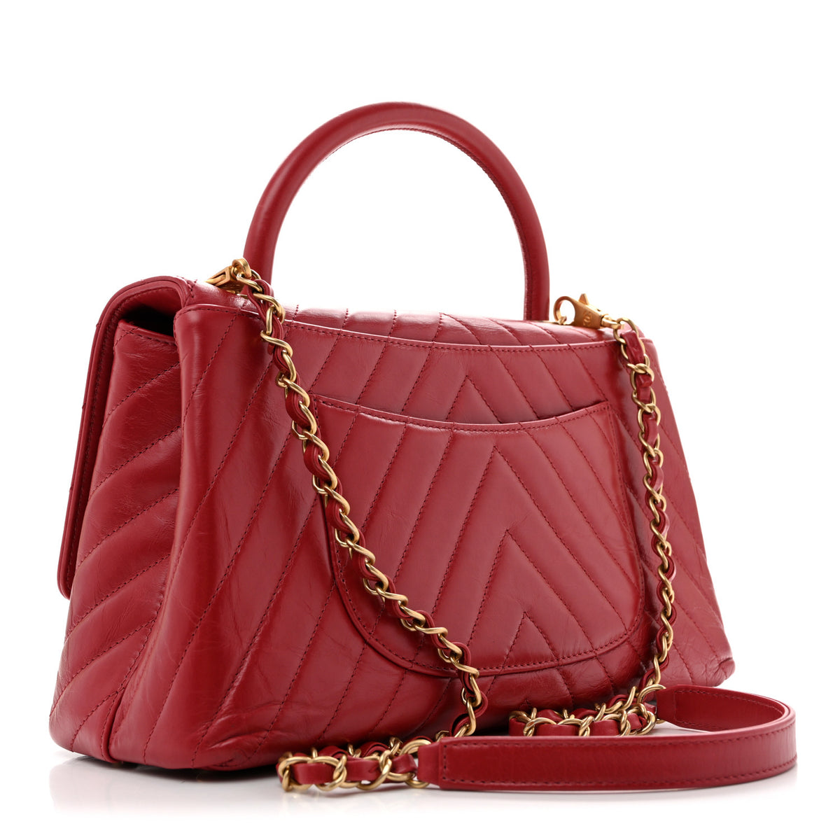 Aged Calfskin Chevron Quilted Small Coco Handle Flap Red